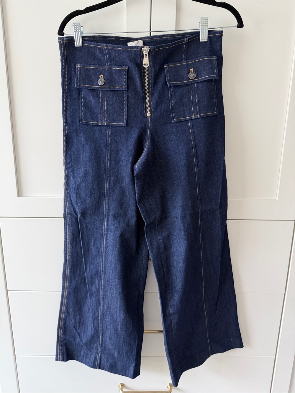 cinq a sept Navy Wide-Leg Jeans with Front Zip and Patch Pockets